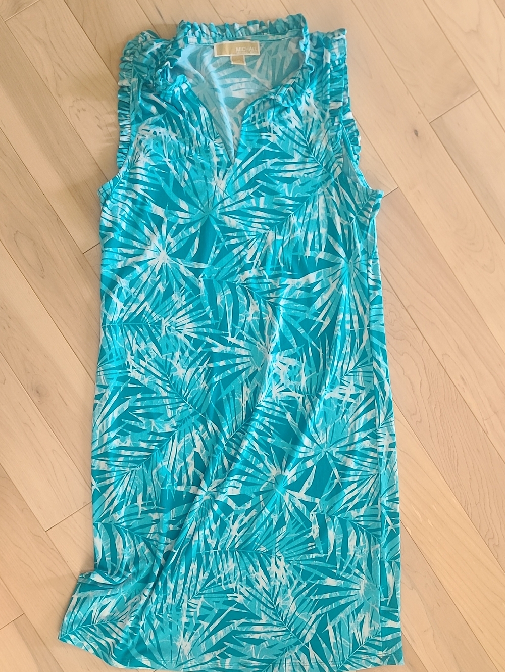 MICHAEL Michael Kors Teal and White Tropical Print Sleeveless Dress